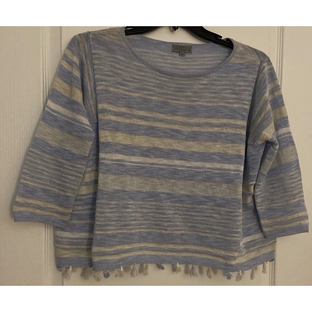 Joseph A. Women’s Striped Short Sleeve Top Fringe Hem Sz M Blue White Oversized